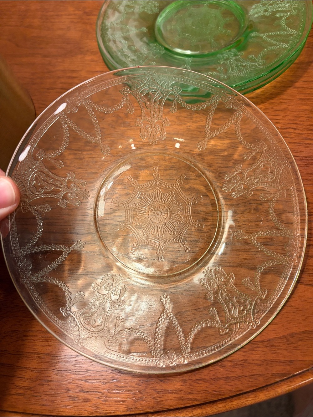 VTG Anchor Hocking Cameo Ballerina Green Uranium Depression Glass Saucer 4 set